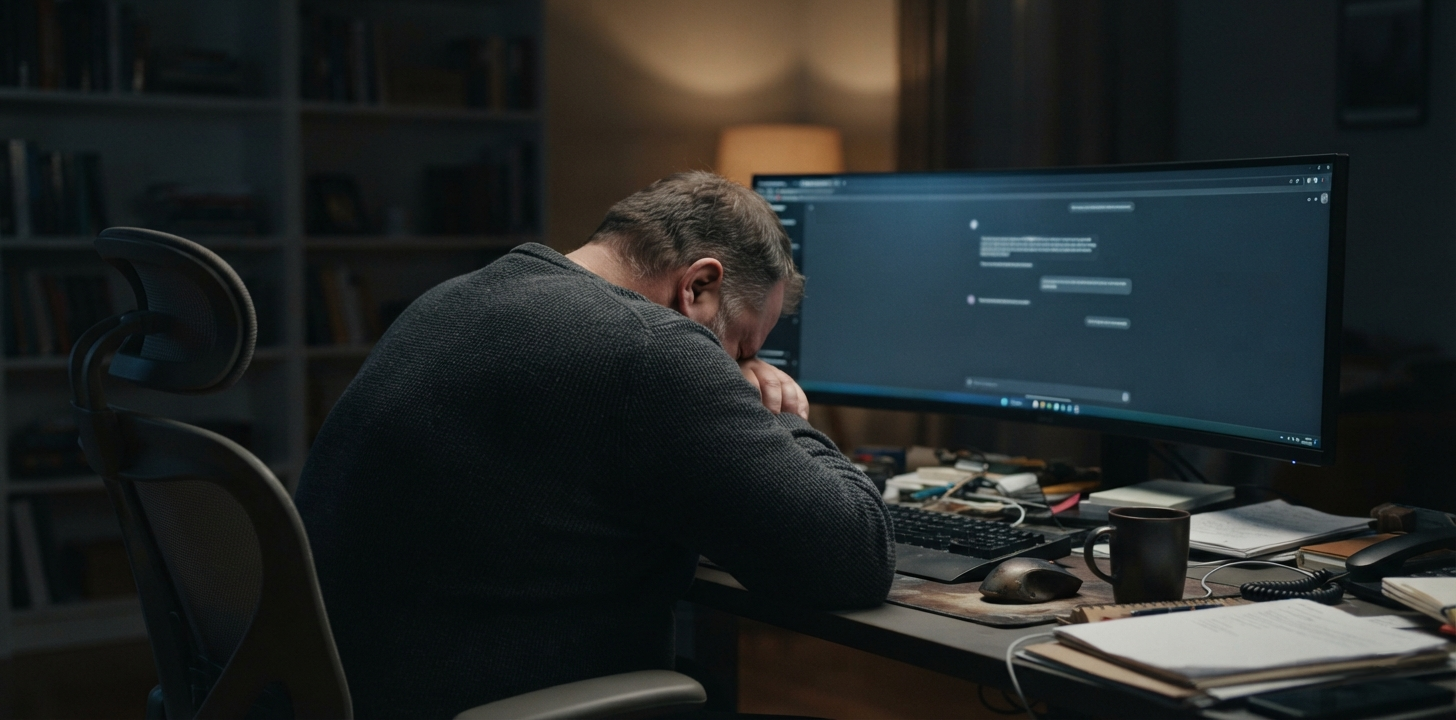 A tired man rests his head on his arms at a cluttered desk while an AI conversation remains open on his monitor.
