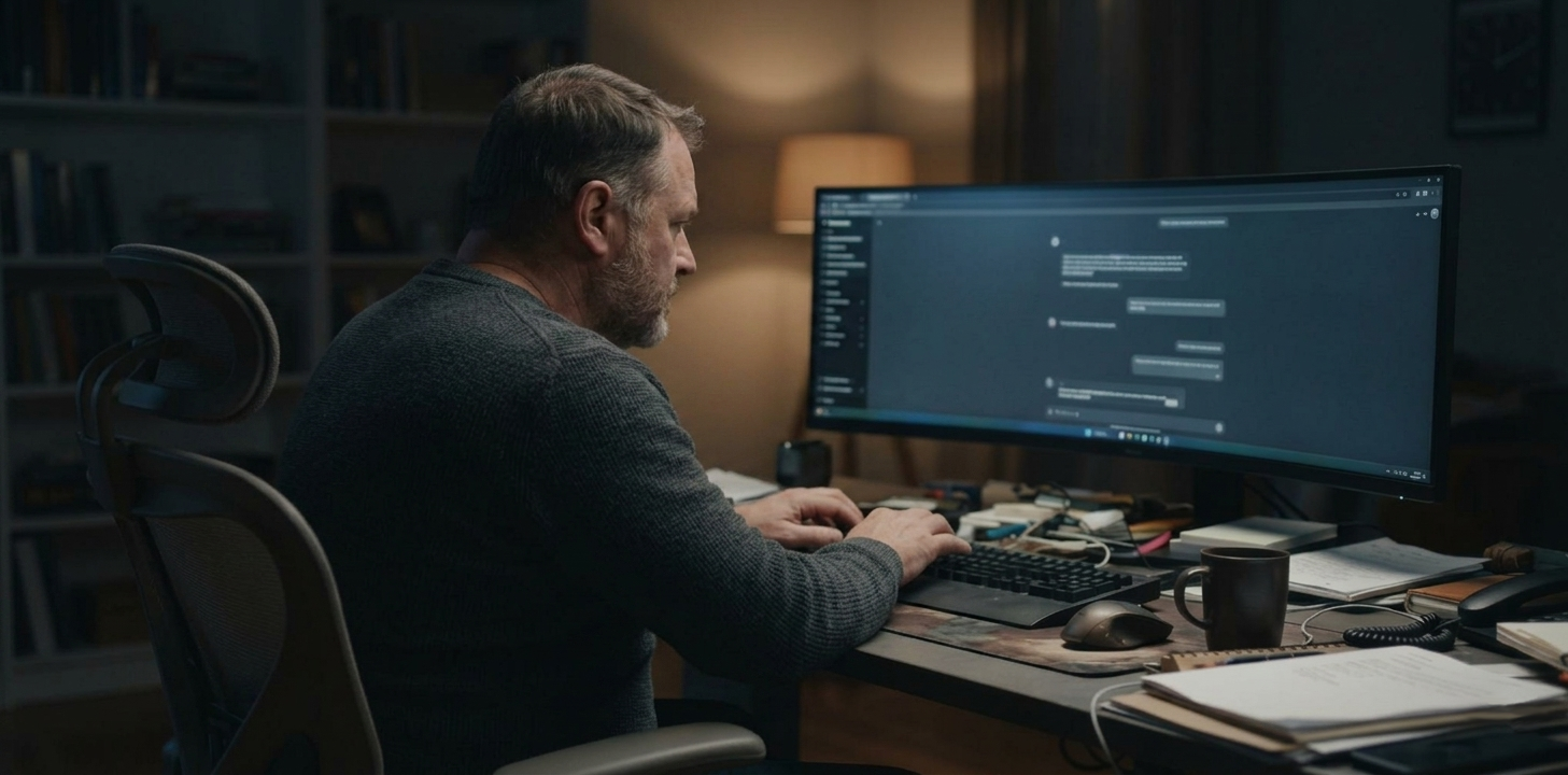 The same man sits upright and types with quiet determination at his computer after deciding he needs a better way to work with AI.