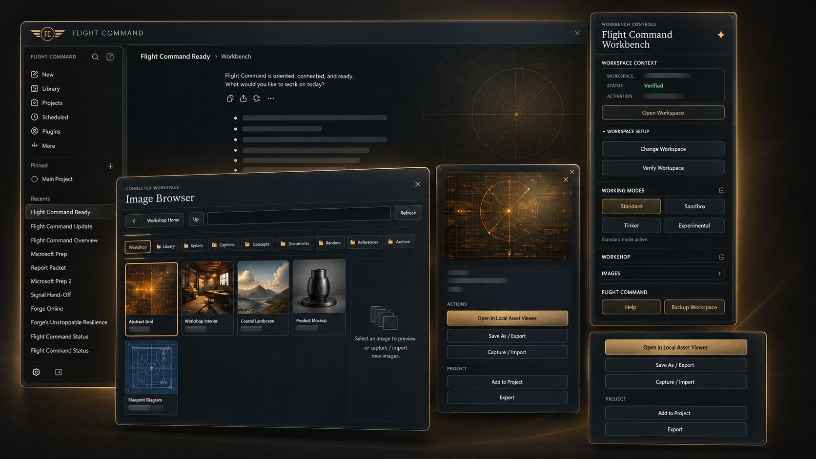 A public-safe view of the Flight Command Workbench, Workshop controls, image browser, and project tools.